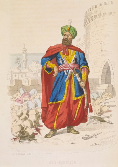 Ali Khoja, sovrano di Algeri 1816-1818, splendente in un turbante verde e con una bella spada, è circondato dalle teste mozzate dei nemici sconfitti dopo il bombardamento del 1816, metà del XIX secolo (incisione a colori) da Alexandre Debelle