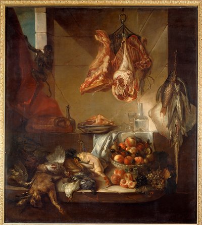 Interno di cucina con natura morta di selvaggina, frutta e carne da Alexandre Francois Desportes