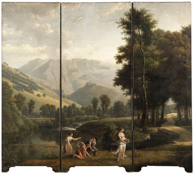 Paesaggio arcadico con fanciulle che raccolgono fiori sulla riva di un fiume, con un castello sulla collina da Alexandre Hyacinthe Dunouy