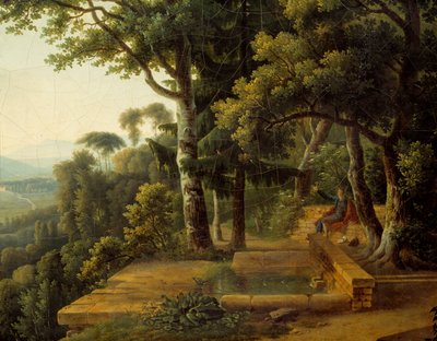 Il filosofo Jean Jacques Rousseau che medita nel 1770 nel Parco di Rochecordon vicino a Lione (dettaglio) da Alexandre Hyacinthe Dunouy