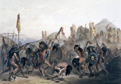 Danza del bisonte degli indiani Mandan davanti alla loro capanna della medicina a Mih-Tutta-Hankush, 1843 da Alexandre Manceau