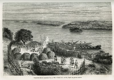 Il campo fortificato della spedizione per proteggersi dai cannibali Mouana Ntaba, vicino al fiume Leopold (Congo), disegno di A. De Bar, per illustrare il racconto Attraverso il Continente Misterioso, un viaggio fatto tra il 1874-1877, da Sir H.M. Stanley  da Alexandre de (after) Bar
