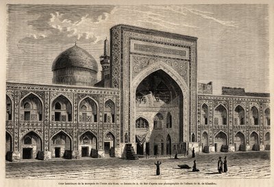 Cortile interno della moschea di Imam Aly Riza a Mashhad, disegno di A. de Bar, per illustrare il viaggio in Khorasan nel 1858, di N. de Khanikof. Incisione in 