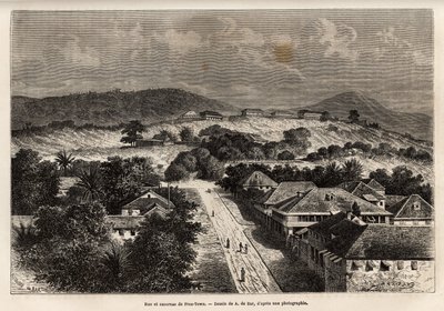 Via e caserme di Freetown, Sierra Leone, incisione dopo il disegno di A. de Bar, illustrando il viaggio alla Costa d