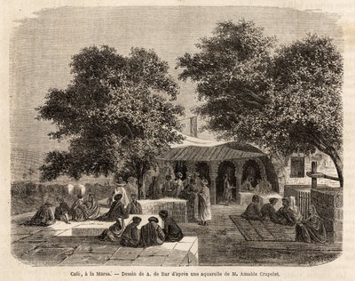 Veduta di un caffè a La Marsa (Tunisi), disegno di A.de Bar, per illustrare un viaggio a Tunisi, nel 1859, di Amable Crapelet. Incisione in “Le tour du monde”, a cura di Edouard Charton da Alexandre de (after) Bar