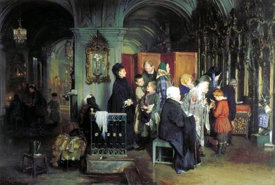 Prima della confessione, 1877 da Alexei Ivanovich Korzukhin