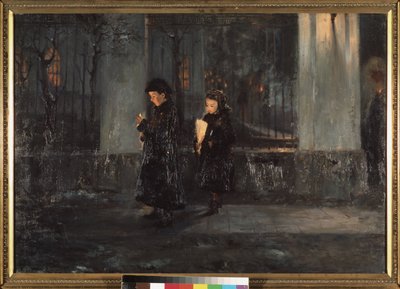 Il giovedì santo. Due bambine, con candele, la sera, si dirigono verso la chiesa per la celebrazione pasquale. Dipinto di Alexei Nikolaievich Ostrogradsky (1867-1943), olio su tela da Alexei Nikolayevich Ostrogradsky