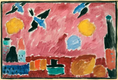 Con carta da parati rossa con motivi di rondini da Alexej von Jawlensky