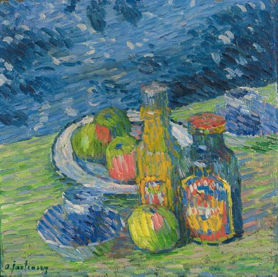 Natura morta con bottiglie e frutta da Alexej von Jawlensky