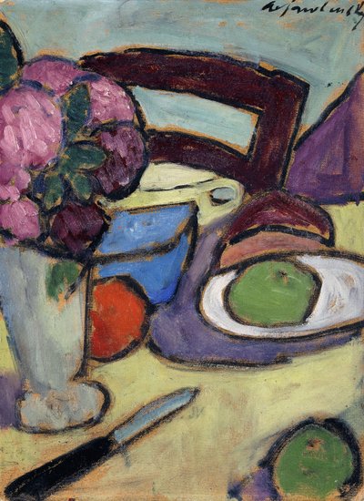 Natura Morta con Sedia e Bouquet; Stilleben mit Stuhl und Blumenstrasse, 1906 da Alexej von Jawlensky