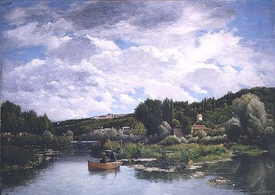 Scena lacustre con pescatori e cottage sullo sfondo da Alexina Cherpin