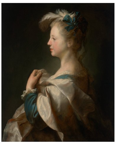 Ritratto di ragazza, a mezzo busto, di profilo in abito elegante da Alexis Grimou