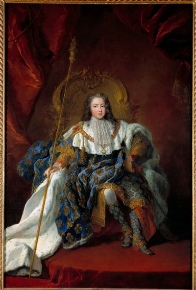 Ritratto di Luigi XV (1710-1774) bambino sul trono con abiti di incoronazione. Dipinto di Alexis Simon Belle (1674-1734) 1723 da Alexis Simon Belle