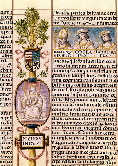 Ritratto di Flavio Recceswinth, Re dei Visigoti di Spagna dal 653 alla sua morte nel 672, miniatura in "Genealogia de los reyes de España" da Alfonso de Cartagena