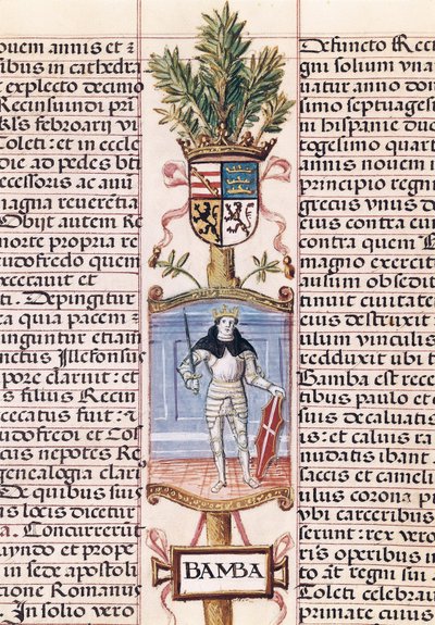Ritratto del re visigoto Wamba (m. 688, Re di Spagna dal 672-680/681, da "Genealogía de los reyes de España" di Alonso de Cartagena da Alfonso de Cartagena