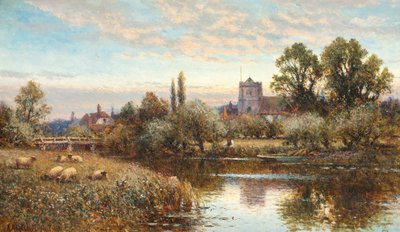 Pecore che pascolano davanti alla Chiesa di Wrotham, crepuscolo da Alfred Augustus Glendening