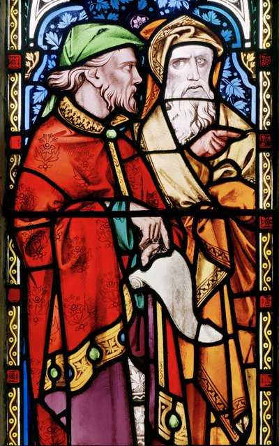 Due uomini che ascoltano Giovanni Battista predicare (dettaglio dalla finestra est) da Alfred Bell
