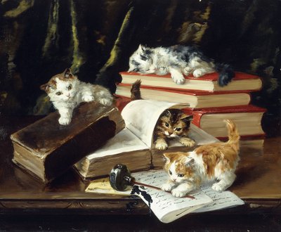 Gattini che Giocano sulla Scrivania da Alfred Brunel de Neuville