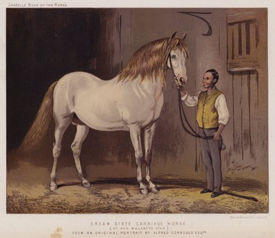 Cavallo da carrozza di stato crema, dello stud della sua Maestà (litografia a colori) da Alfred Chantrey Corbould