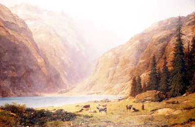 Paesaggio lacustre montuoso con bestiame da Alfred Chavannes
