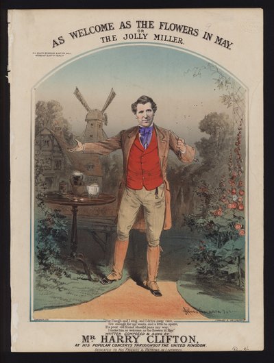 Benvenuto come i fiori di maggio, o Il mugnaio allegro, composto e cantato da Harry Clifton, copertina di spartito vittoriano da Alfred Concanen