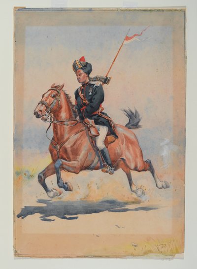 Un Jat Sowar della 6ª Cavalleria montato, al galoppo, con lancia a tracolla da Alfred Crowdy Lovett