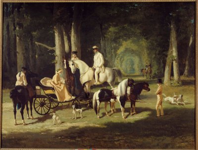Il signor e la signora A. Mosselman e le loro due figlie passeggiano a cavallo nel bosco da Alfred Dedreux