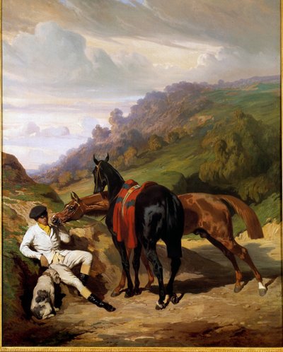 Ragazzo bianco e i suoi cavalli. Dipinto di Alfred De Dreux (1810-1860). XIX secolo. Collezione privata da Alfred Dedreux