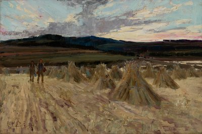 Mietitori al tramonto (olio su tela) da Alfred East