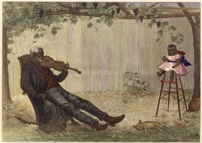 Vecchio nero che suona il violino al bambino (incisione a colori) da Alfred Edward (after) Emslie