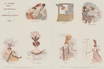 Facsimili di disegni originali ad acquerello, progettati per satirizzare la moda nelle acconciature femminili dell