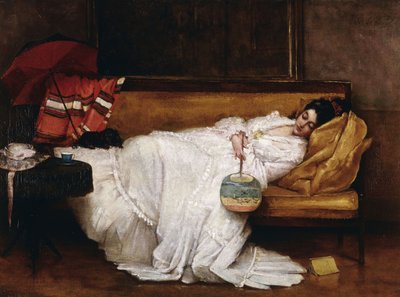 Ragazza con ventaglio giapponese addormentata su un divano da Alfred Emile Stevens