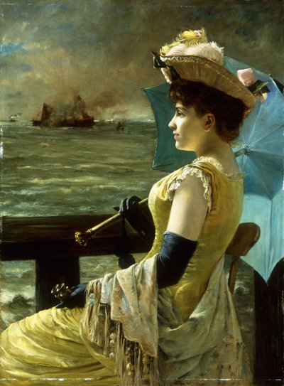 Una signora con un parasole che guarda il mare da Alfred Emile Stevens
