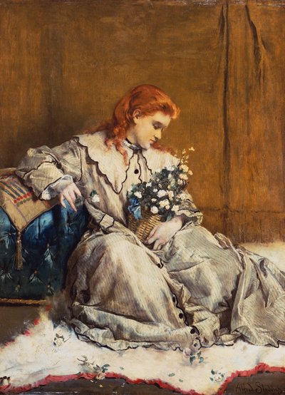 Sogno ad occhi aperti, giovane ragazza dai capelli rossi con ottomana blu da Alfred Emile Stevens