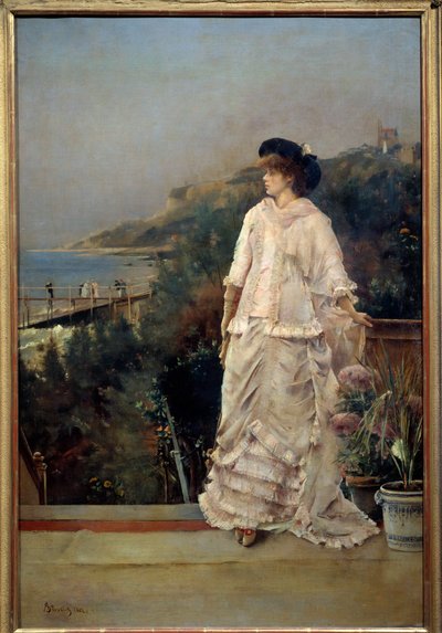 Ritratto di una donna su una terrazza vicino al mare da Alfred Emile Stevens