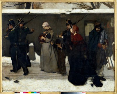 La cosiddetta vagabondaggio dice anche i cacciatori di Vincennes. Le guardie nazionali fermano le famiglie per strada da Alfred Emile Stevens