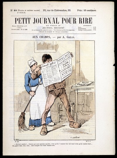 Uomo che legge un giornale: "aux Champs" di A. Grévin - in "Le Petit Journal pour rire" n.22, s.d. da Alfred Grevin
