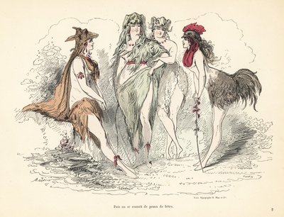 Donna che indossa costumi di pelli di animali, teste e piume da Alfred Grevin