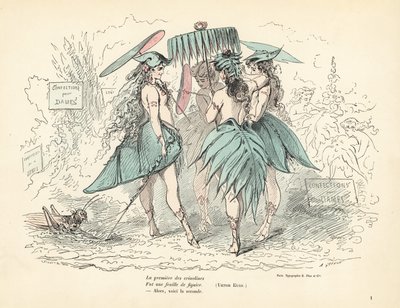 Donne vestite solo con abiti di foglie di fico e cappelli, tenendo foglie da Alfred Grevin