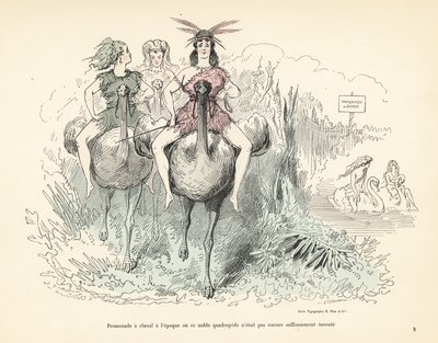 Donne in pelli di animali e piume che cavalcano struzzi e cigni da Alfred Grevin