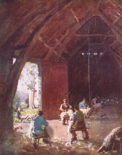 Distretto dei Laghi: Tosatura delle pecore, Esthwaite Hall Farm da Alfred Heaton Cooper