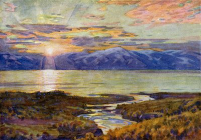 Sole di mezzanotte sul lago Torne Trask, da Abisko da Alfred Heaton Cooper