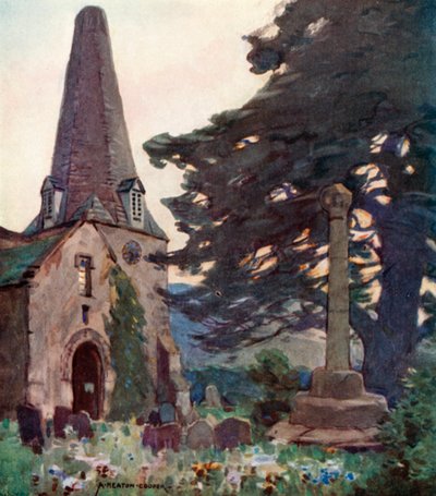 Chiesa e Croce di Porlock (litografia a colori) da Alfred Heaton Cooper