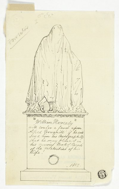 Biglietto da visita con monumento drappeggiato, iscrizione dell