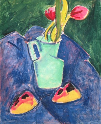Fiori in un vaso verde su stoffa viola da Alfred Henry Maurer