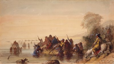 Navigazione con barca a toro sul fiume Platte, c.1837 da Alfred Jacob Miller
