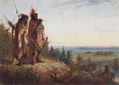 Attraversando il divario o Trapper assetati che si precipitano verso il fiume, c.1837 da Alfred Jacob Miller