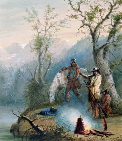 Arrostire la costola di gobba, 1837 (acquerello con bianco su carta) da Alfred Jacob Miller