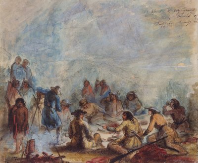 Alba, cacciatori e viaggiatori ai loro pasti di costole di bufalo, c.1837 da Alfred Jacob Miller