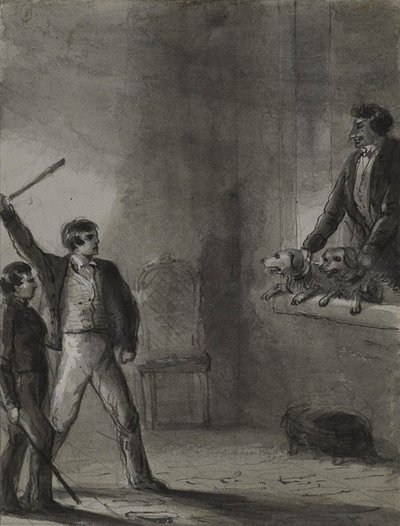 Due ragazzi con bastoni alzati mentre un uomo e dei cani guardano da una finestra da Alfred Jacob Miller